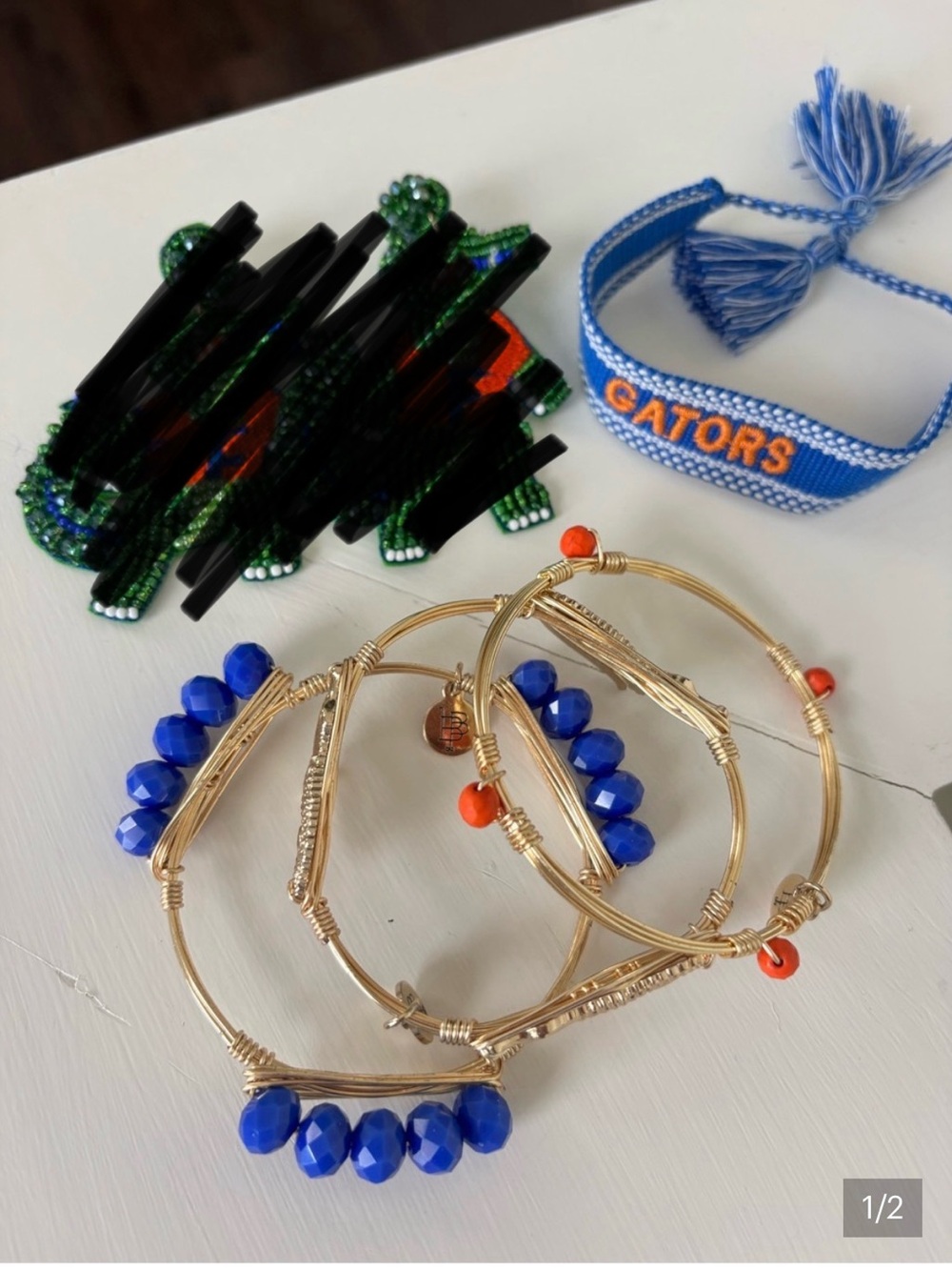 Gator Gold Tone Bracelet Set with Blue Beads and Orange Accents